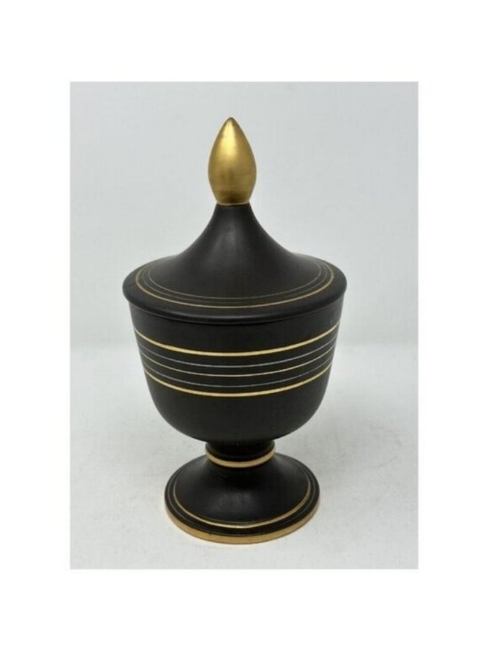 Vtg VEE JACKSON CALIFORNIA 10" URN w/ FINIAL LID Black/Brown Gold Silver Lines - Picture 1 of 13